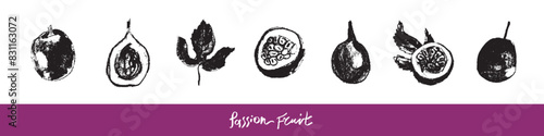 Passion fruit signs in hand drawn style with rough charcoal texture. Granadilla icons for cosmetics, yogurt, fruits puree label. Hand lettering passion fruit. Symbols set of passion fruit.