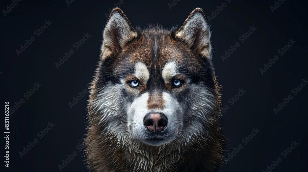 Obraz premium captivating portrait of a majestic husky dog earthy brown tones against a striking black backdrop digital painting