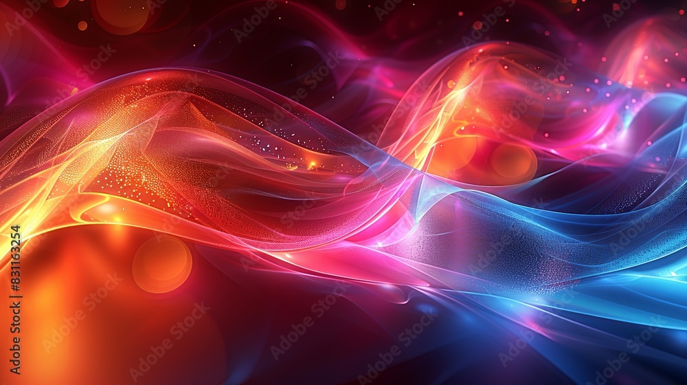 An abstract digital background with iridescent geometric shapes, colorful circles, and fluid, curving lines, creating a sense of depth and movement. Minimal and Simple style An abstract digital background with iridescent geometric shapes, colorful circles, and fluid, curving lines, creating a sense of depth and movement. Minimal and Simple style