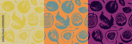 Pattern passion fruit seamless. Pastel hand drawn granadilla illustrations. Exotic fruits ornament. Granadilla background for cosmetics, fruits puree or juice label. Vector fabric passion fruit print.