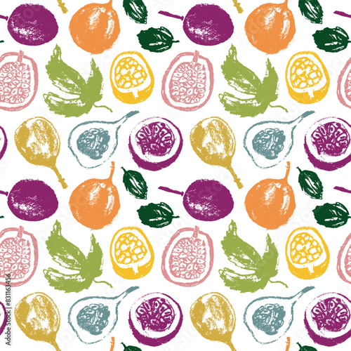 Pattern passion fruit seamless. Pastel hand drawn granadilla illustrations. Exotic fruits ornament. Granadilla background for cosmetics, fruits puree or juice label. Vector fabric passion fruit print.