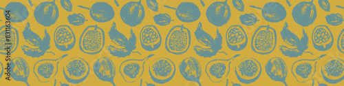 Pattern passion fruit seamless. Pastel hand drawn granadilla illustrations. Exotic fruits ornament. Granadilla background for cosmetics, fruits puree or juice label. Vector fabric passion fruit print.