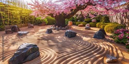 A serene zen garden with raked sand and perfectly placed stones generated by AI photo