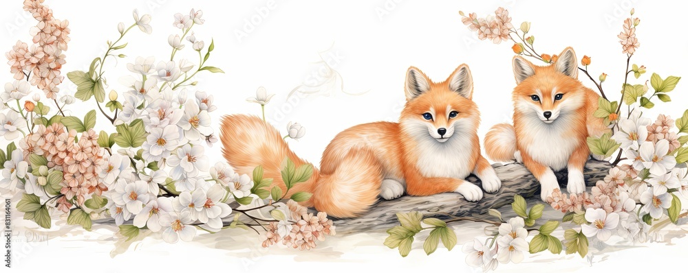 Fototapeta premium Nostalgic Japanese Children's Day Celebration: Symmetrical Pencil Sketch of Koi Fish Banners and Spring Flowers