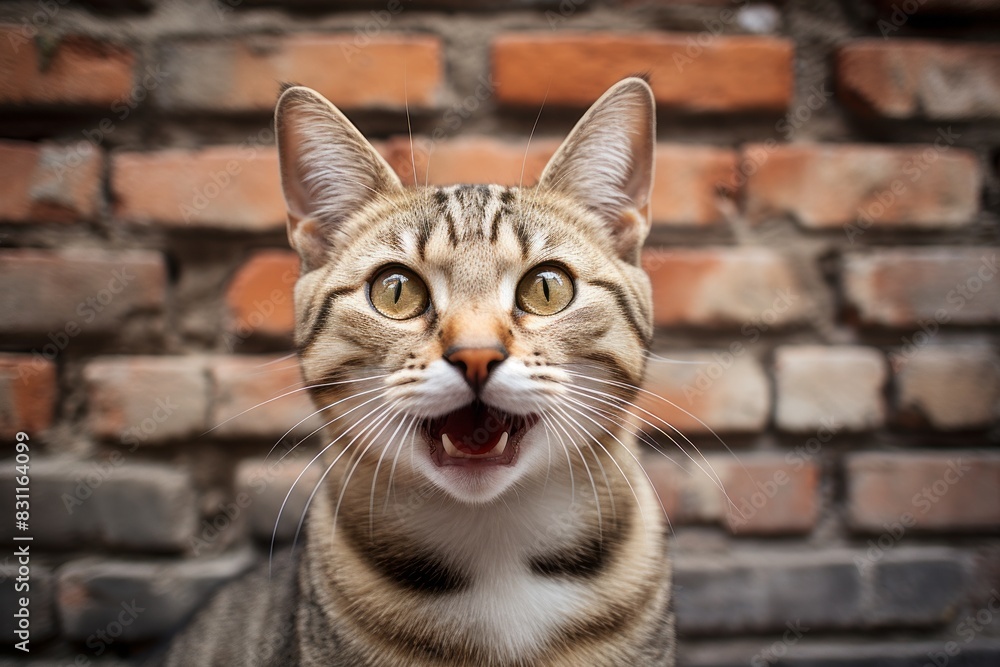 Portrait of a smiling american shorthair cat in vintage brick wall Portrait of a smiling american shorthair cat in vintage brick wall