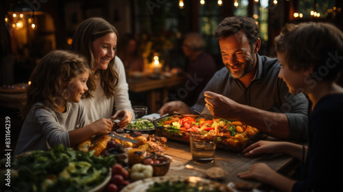 A family is engaged in conversation and smiles while sharing a dinner with a variety of dishes