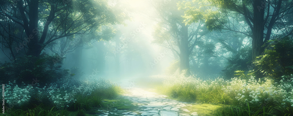 A serene forest path bathed in sunlight, surrounded by lush greenery and blooming white flowers, creating a tranquil atmosphere. A serene forest path bathed in sunlight, surrounded by lush greenery and blooming white flowers, creating a tranquil atmosphere.