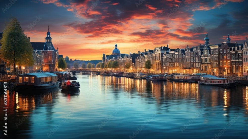 Fototapeta premium The image captures the stunning twilight sky over the picturesque canal houses of Amsterdam with lights reflecting on the water