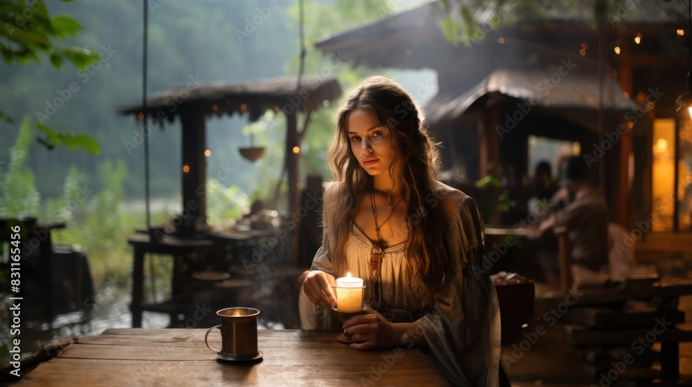 A photo of a woman holding a cup of coffee, seated in a rustic outdoor café