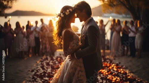 Bride and groom share a kiss at sunset on a beach with guests photo