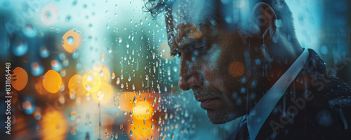 A contemplative man looks out a rain-streaked window, with city lights creating a moody and reflective atmosphere. photo
