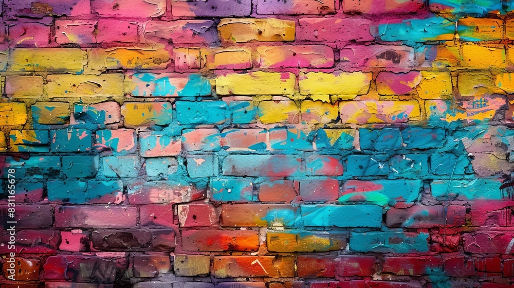 Fototapeta premium colorful painted brick wall texture vibrant graffiti art background urban street photography