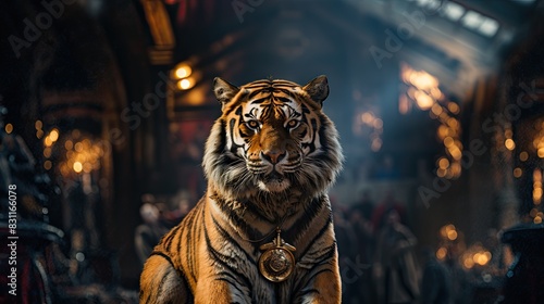 Dramatic portrait of a tiger with a detailed necklace, set against a moody, dark, and atmospheric backdrop © AS Photo Family