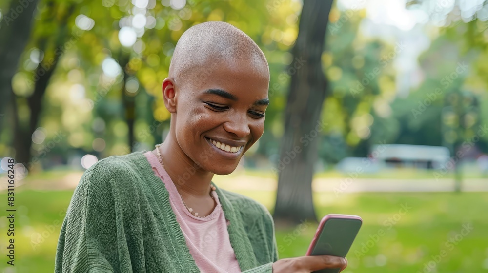 confident african american woman with alopecia smiling while using phone in park embracing natural beauty confident african american woman with alopecia smiling while using phone in park embracing natural beauty