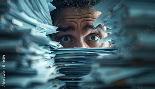 A businessman drowning in paperwork.