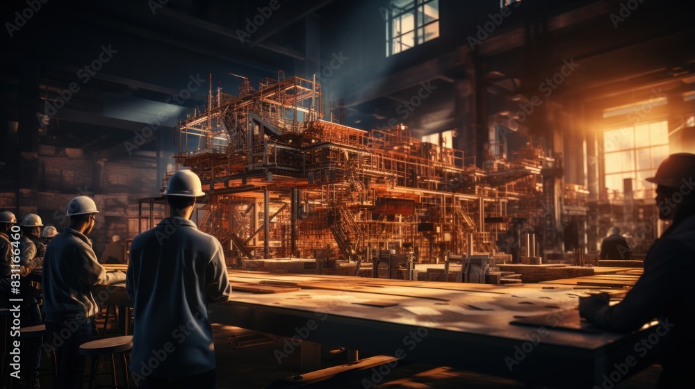 Engineers in hard hats discussing plans at an industrial construction site with scaffolding and steel framing Engineers in hard hats discussing plans at an industrial construction site with scaffolding and steel framing