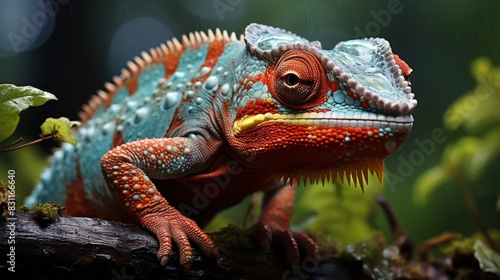 High-definition image of a chameleon with striking orange and blue colors on a rain-soaked log