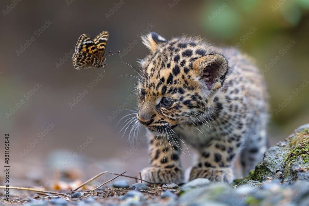 Fototapeta premium Amur Leopard Pup Playing with Butterfly