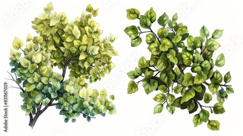 corylus avellana and euonymus trees top view isolated on white digital botanical illustration photo