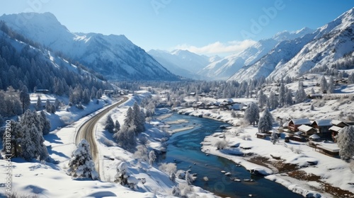 This picturesque winter scene showcases a stunning alpine village blanketed in snow, nestled among mountains with a flowing river
