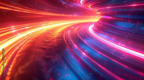 A mesmerizing, abstract background featuring glossy, multifaceted shapes, glowing circles, and gently arcing lines in a palette of electric colors. Minimal and Simple style