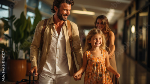 A happy family walks together in an airport terminal, ready for travel