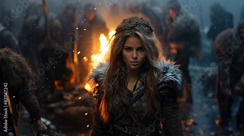 A woman in warrior attire stands confidently in a fantasy medieval setting with a blurred background of fire and warriors