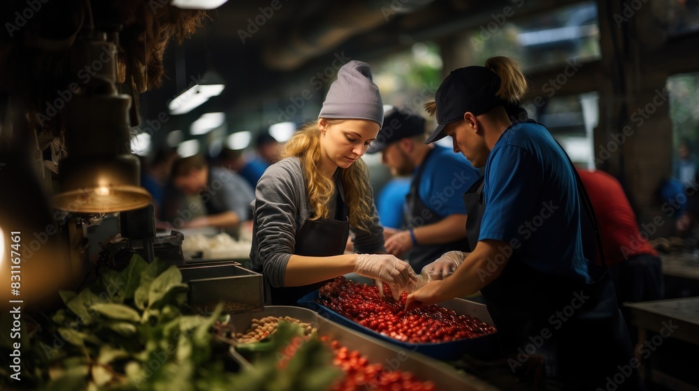 Food industry workers engaged in sorting fresh tomatoes on a conveyor belt in a bustling industrial kitchen setting
