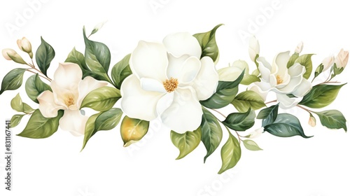 Gardenia, Watercolor Floral Border, watercolor illustration, isolated on white background photo