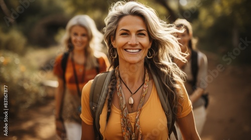 An outgoing and radiant mature woman enjoying a hike with friends, epitomizing active lifestyle and joy photo