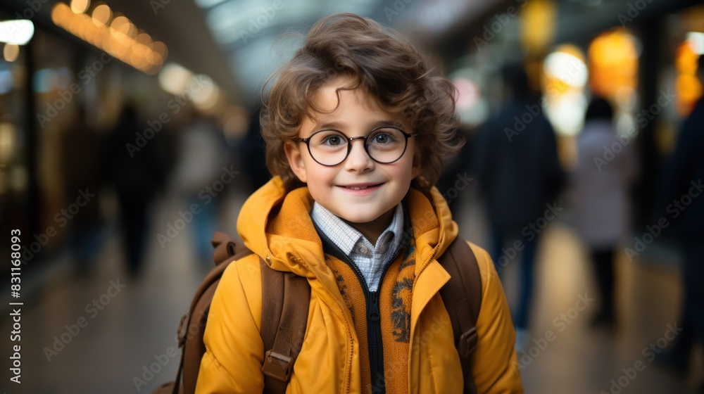 Smiling young boy with glasses dressed for cold weather, looking ready for new experiences and adventure
