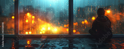 A lonely figure stands at the window, looking out at the rain. The city lights are reflected in the water, creating a beautiful but melancholy scene. photo