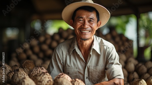 A happy farmer wearing a hat stands in front of a bounty of coconuts, symbolizing agriculture and trade photo