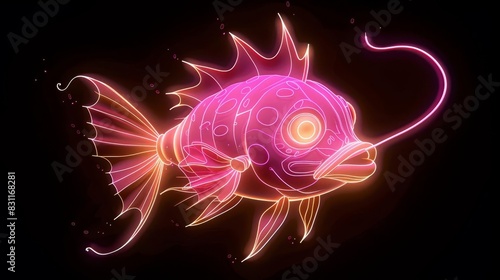 cute kawaii neon lamp anglerfish on black background digital illustration