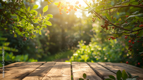 Sunlit Wooden Table with Berries and Leaves  Vibrant Garden Background with Copy Space