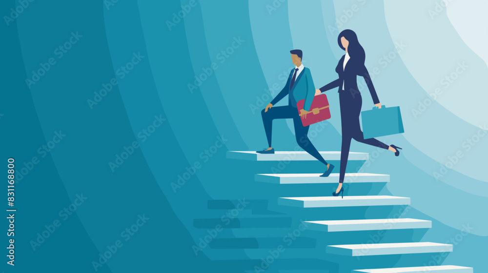 Businesswoman Mentor Guiding Employee Up Staircase to Success, Career Growth Concept