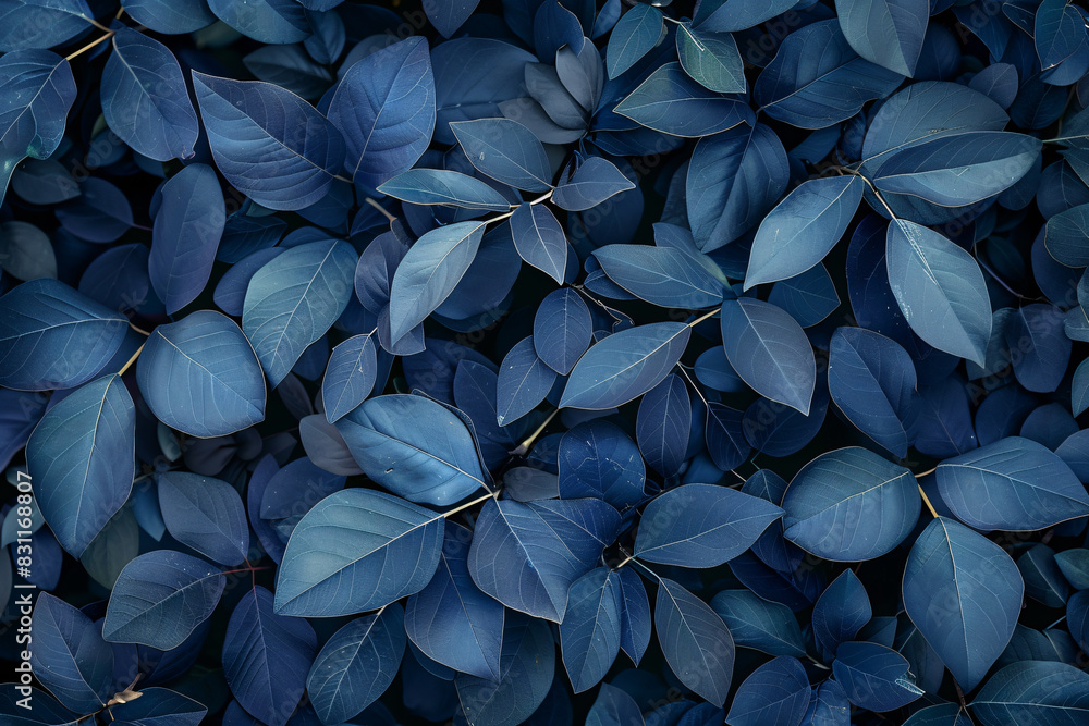 Dark blue leaves background, top view. A large number of dark green and purple leaves form an abstract pattern on the ground. Dark blue leaves background, top view. A large number of dark green and purple leaves form an abstract pattern on the ground.