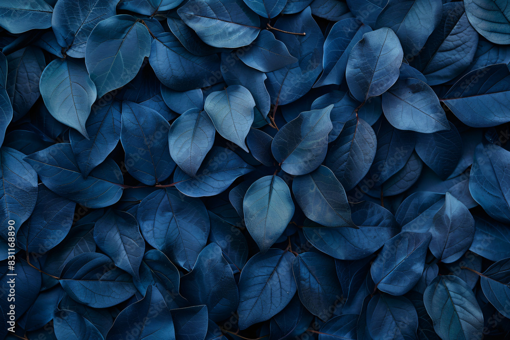 Dark blue leaves background, top view. A large number of dark green and purple leaves form an abstract pattern on the ground. Dark blue leaves background, top view. A large number of dark green and purple leaves form an abstract pattern on the ground.