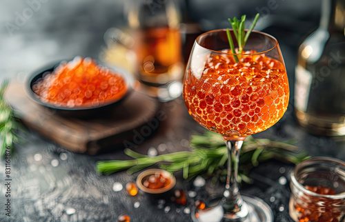Close-up of a cocktail with caviar and a sprig of rosemary on a rustic background with a bowl of red caviar and a jar of amber liquid creating a luxurious and sophisticated atmosphere photo