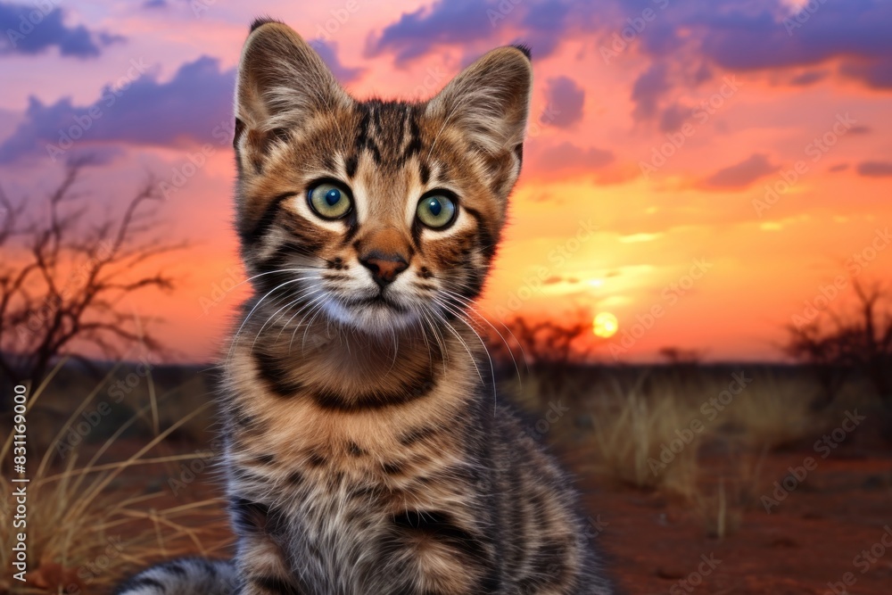 Portrait of a cute serengeti cat over vibrant sunset horizon Portrait of a cute serengeti cat over vibrant sunset horizon