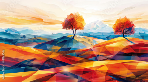 Abstract summer landscape with vibrant colors and geometric shapes, evoking a warm and lively atmosphere photo
