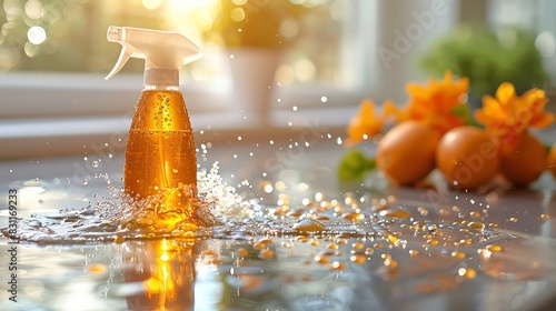 Detailed image of a hand applying cleaning solution to a kitchen counter with a spray bottle The spray droplets and counter texture are sharply focused Bright  natural light
