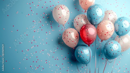Bunch of colorful balloons with confetti against a blue background. photo
