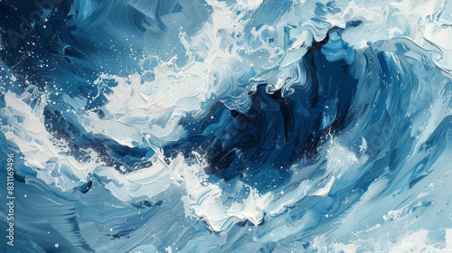 Dynamic ocean waves in an abstract style with bold blues and whites, capturing the essence of summer seaside