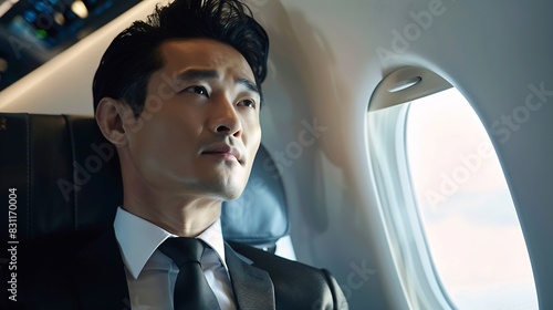 Successful and handsome Asian businessman in formal business suit is on his private jet looking out the window taking a flight for his business trip : Generative AI