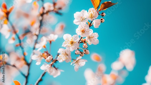 Close up of blossoming cherry flowers with blue sky