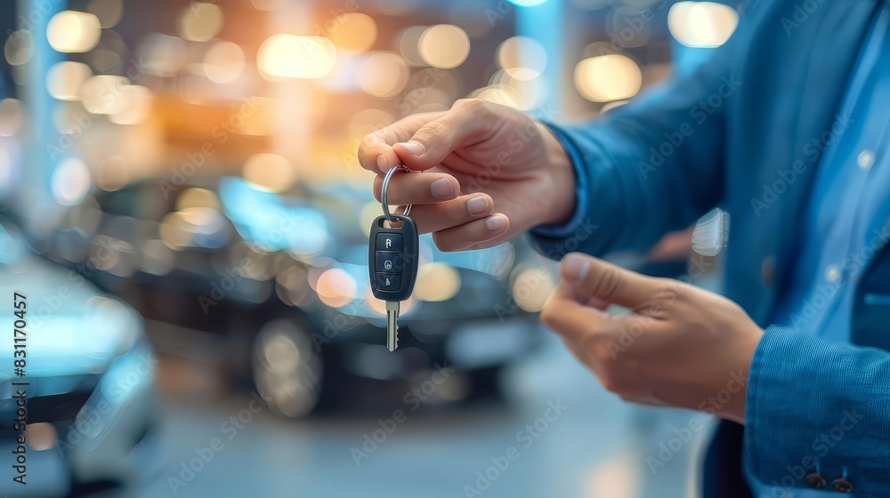 A car salesperson handing keys to a customer, selective focus, trust in automotive sales, dynamic, blend mode, dealership backdrop