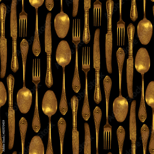 vector seamless pattern with gold cutlery fork, spoon and knife in vintage style on black background. Suitable for vintage Wallpaper, wrapping paper, fabric