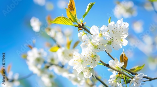 Close up of blossoming cherry flowers with blue sky