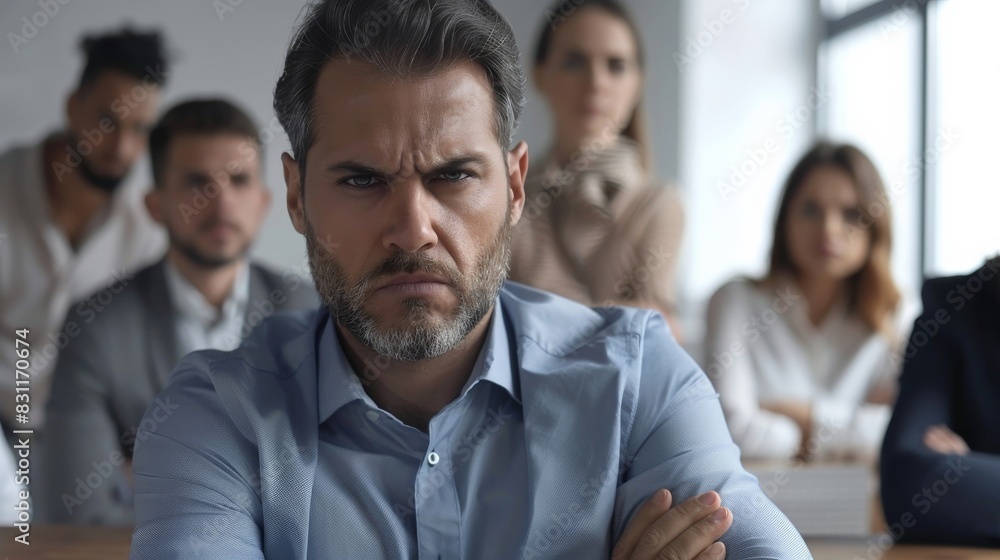 Team members in a strategy meeting, one showing signs of anger and disapproval with arms crossed Team members in a strategy meeting, one showing signs of anger and disapproval with arms crossed